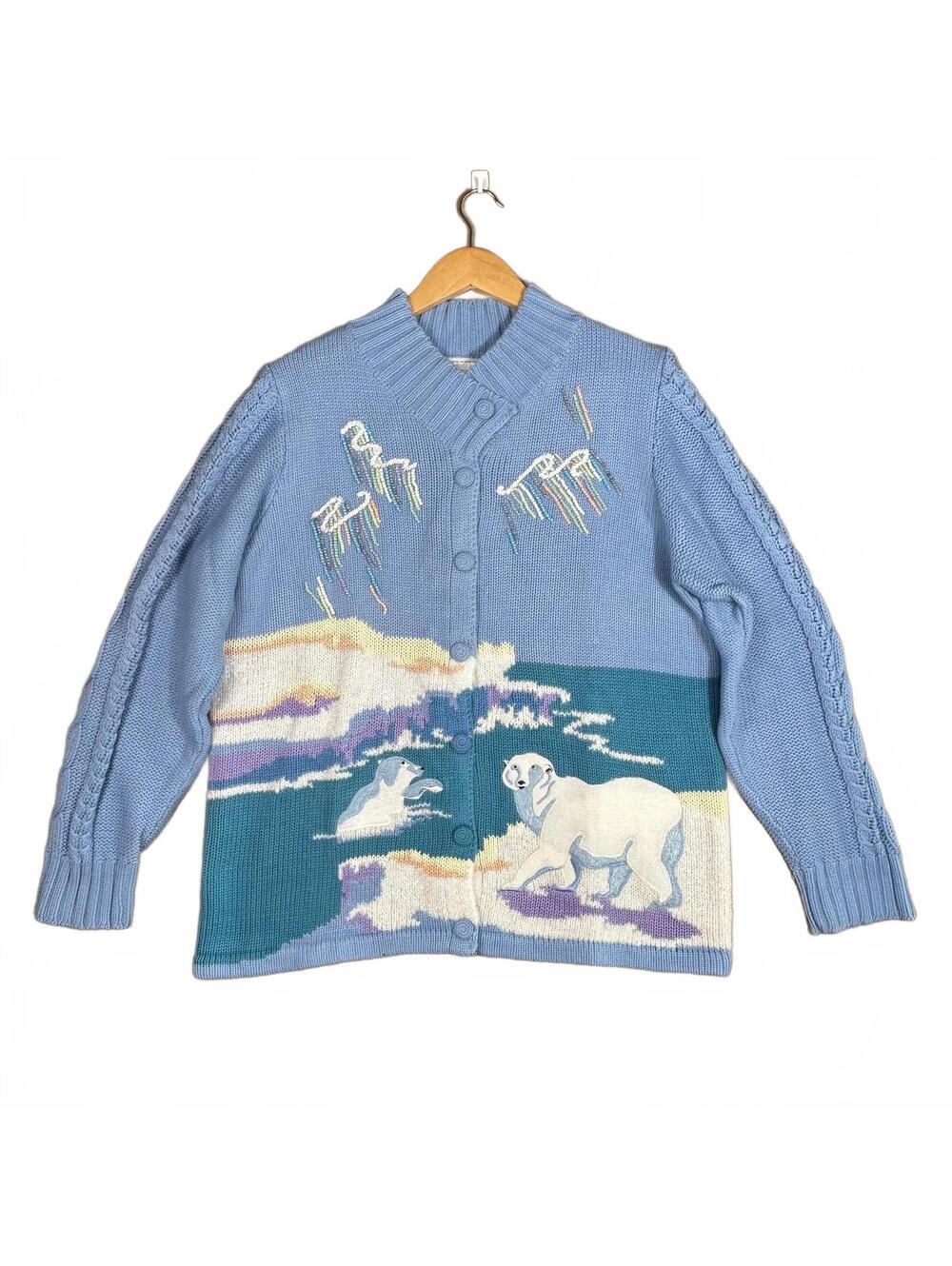 Storybook Knits Vintage Blue Polar Bear Beaded Knit Cardigan Sweater Size 1X